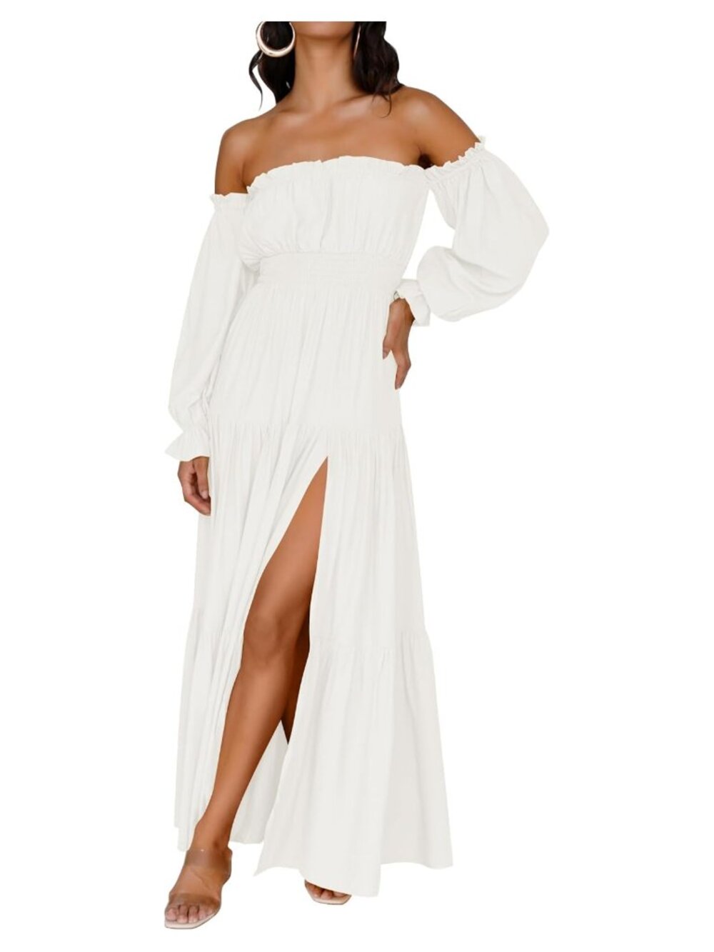 Off Shoulder Flounce Sleeve High Split Maxi Dress
